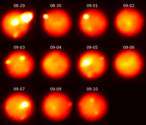 Série snímků největší erupce 201308C pořízená dalekohledem Gemini. Zdroj: Katherine de Kleer / UC Berkeley / Gemini Observatory / AURA