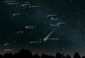 Takto by mohla vypadat kometa C/2011 L4 PANSTARRS na noční obloze